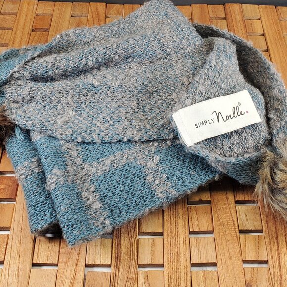 Simply Noelle Luxe Knit Scarf with Faux Fur Pom Poms — Blue & Gray Plaid Winter - Picture 3 of 6